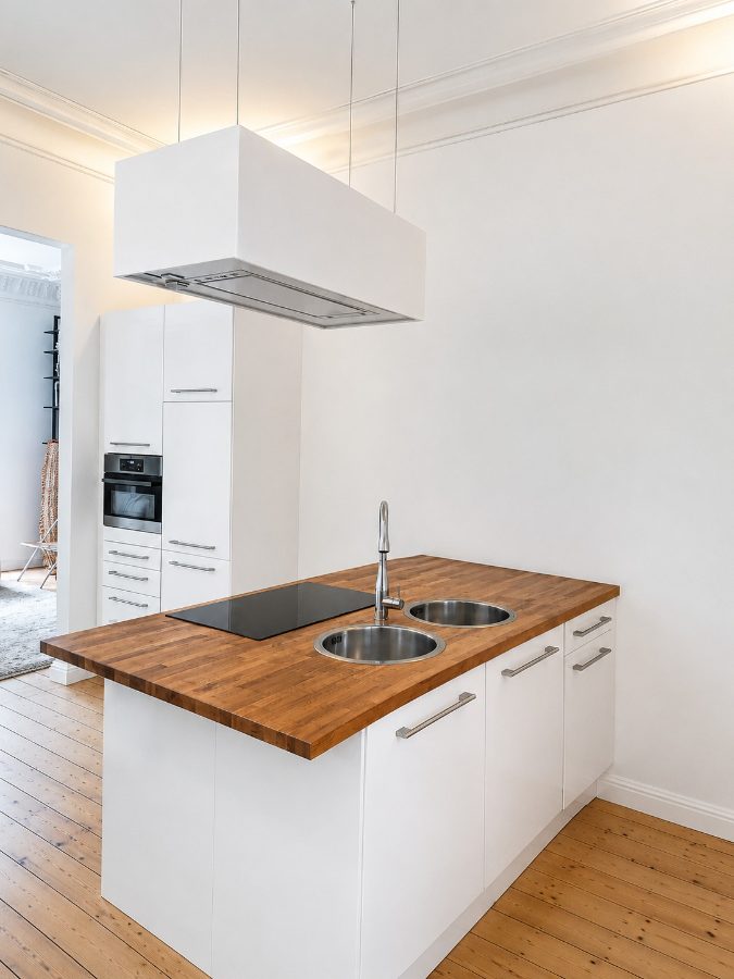 Gerenoveerde keuken met eiland en houten werkblad
