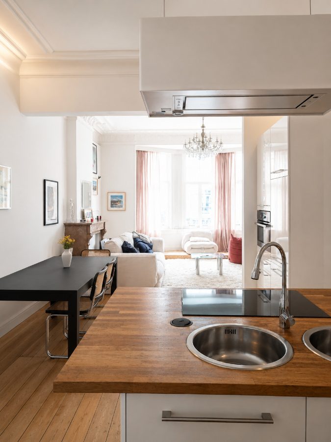 Zicht vanuit de keuken op de gerenoveerde leefruimte