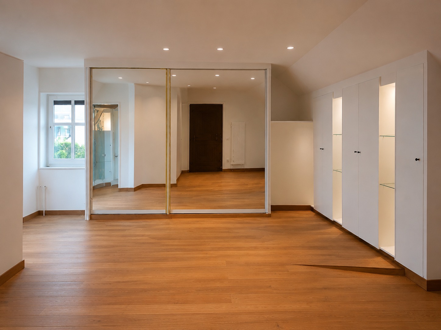 Dressingruimte met spiegelkasten en ingebouwde verlichte kasten